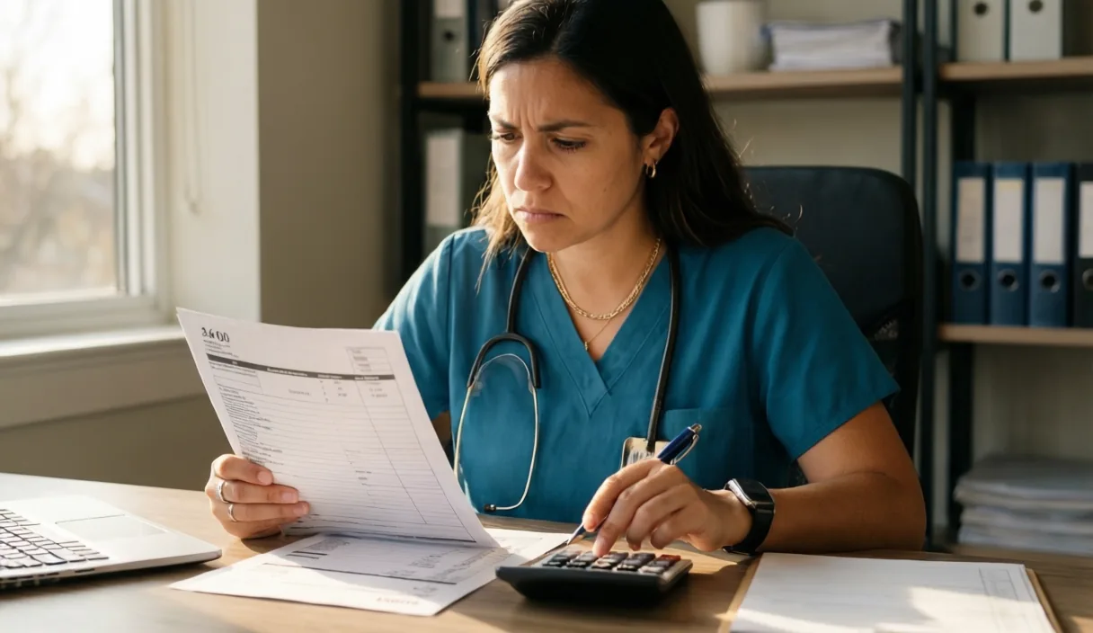Home care agency owner reviewing payroll figures with a calculator