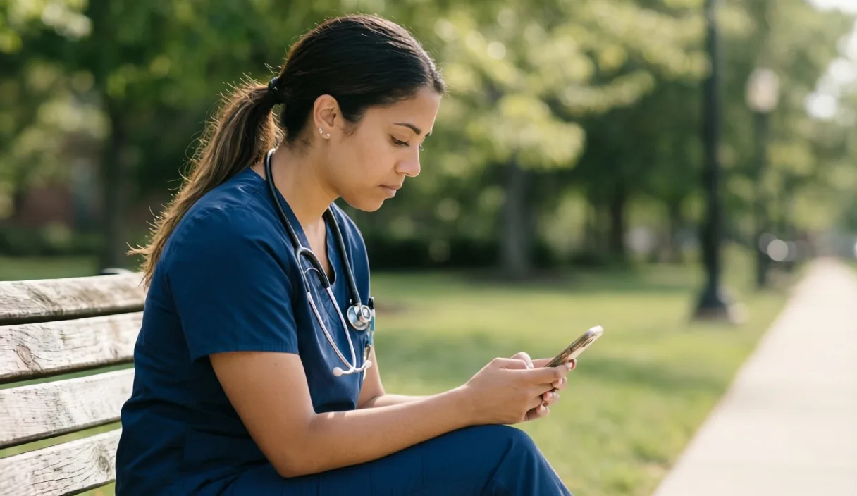 Caregiver in scrubs checking her phone during a break outdoors